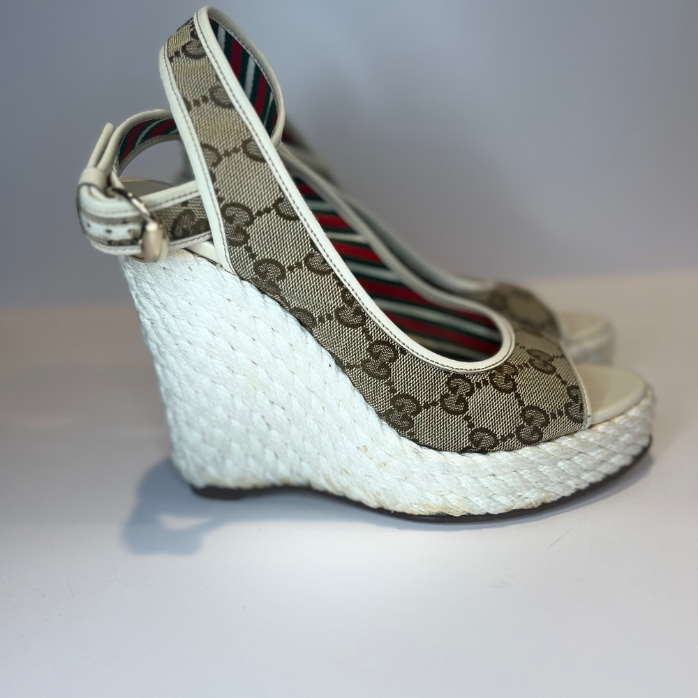 Gucci Beige/White GG Canvas Ankle Strap Wedge Sandals - Picture 4 of 12